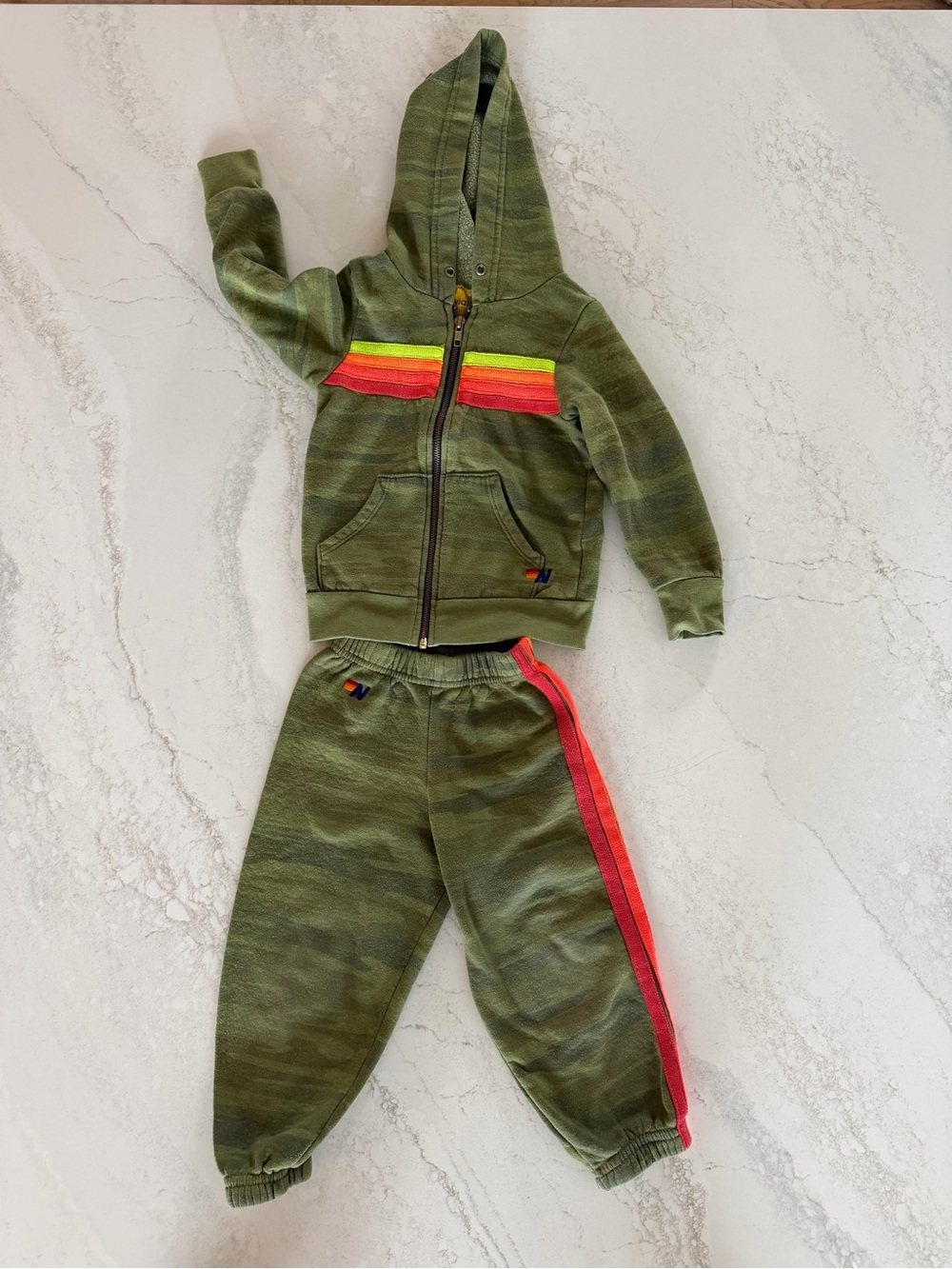 Aviator Nation Kids Olive Green Hoodie & Jogger Set with Neon Stripe Size 2-4